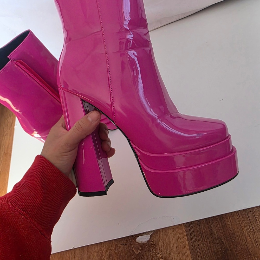 Hot Pink Azala Wang Patent Platform Chunky Heel Ankle Boots Women's Size 6 - Picture 2 of 8